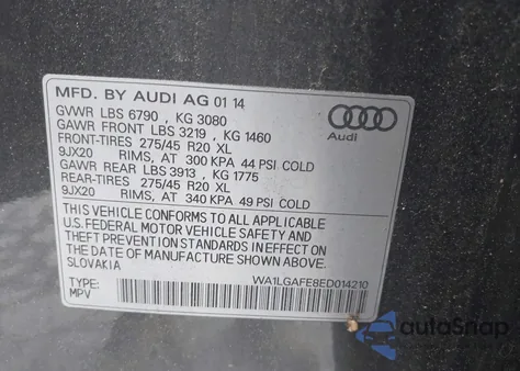 2014 Audi Q7 3.0T Premium from USA, damaged, VIN WA1LGAFE8ED014210